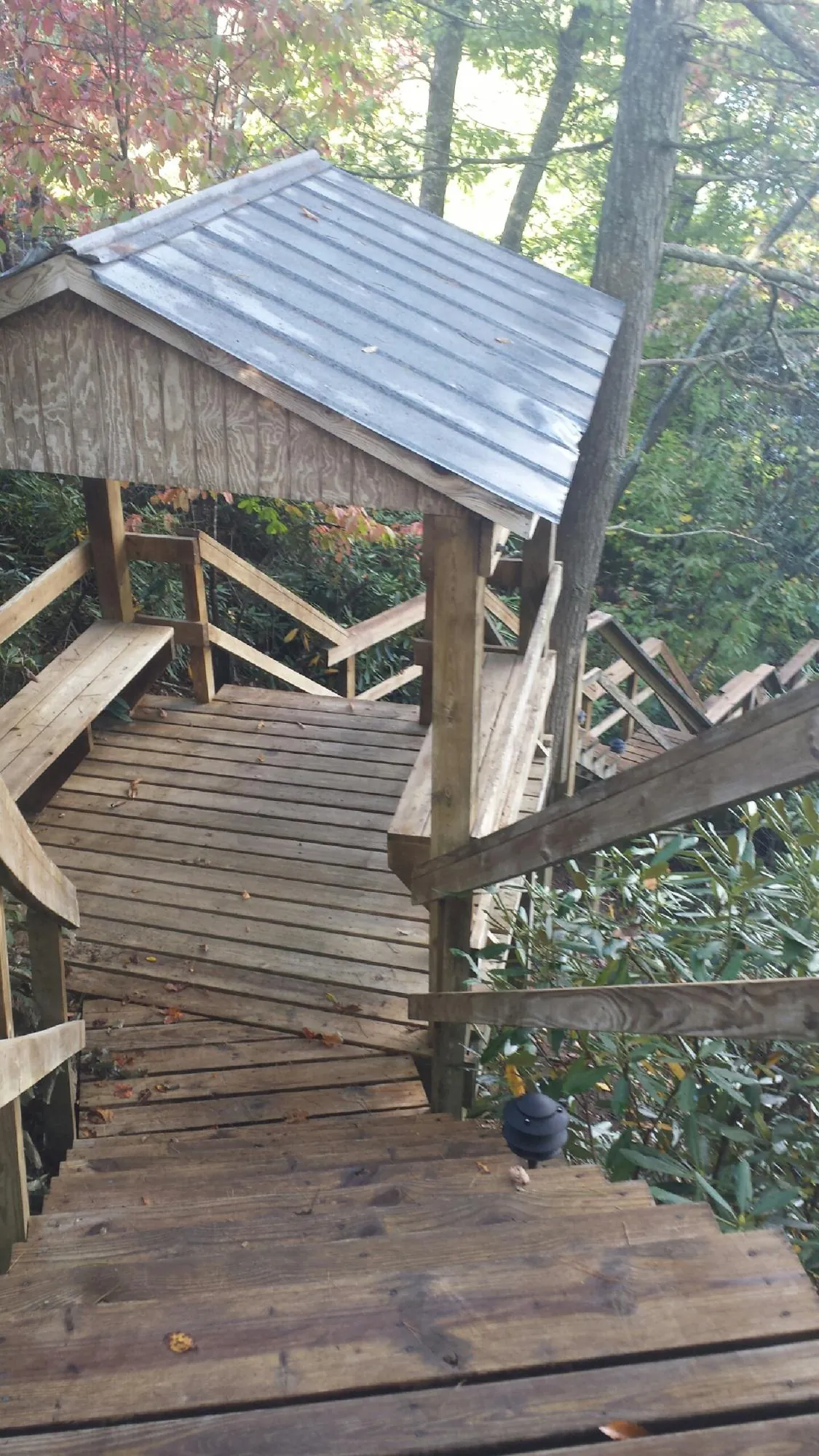 Metal roofed shelter over wooden steps on a wooded walkway — Skylight Repair & Installation work by our crew in White Sulphur Springs