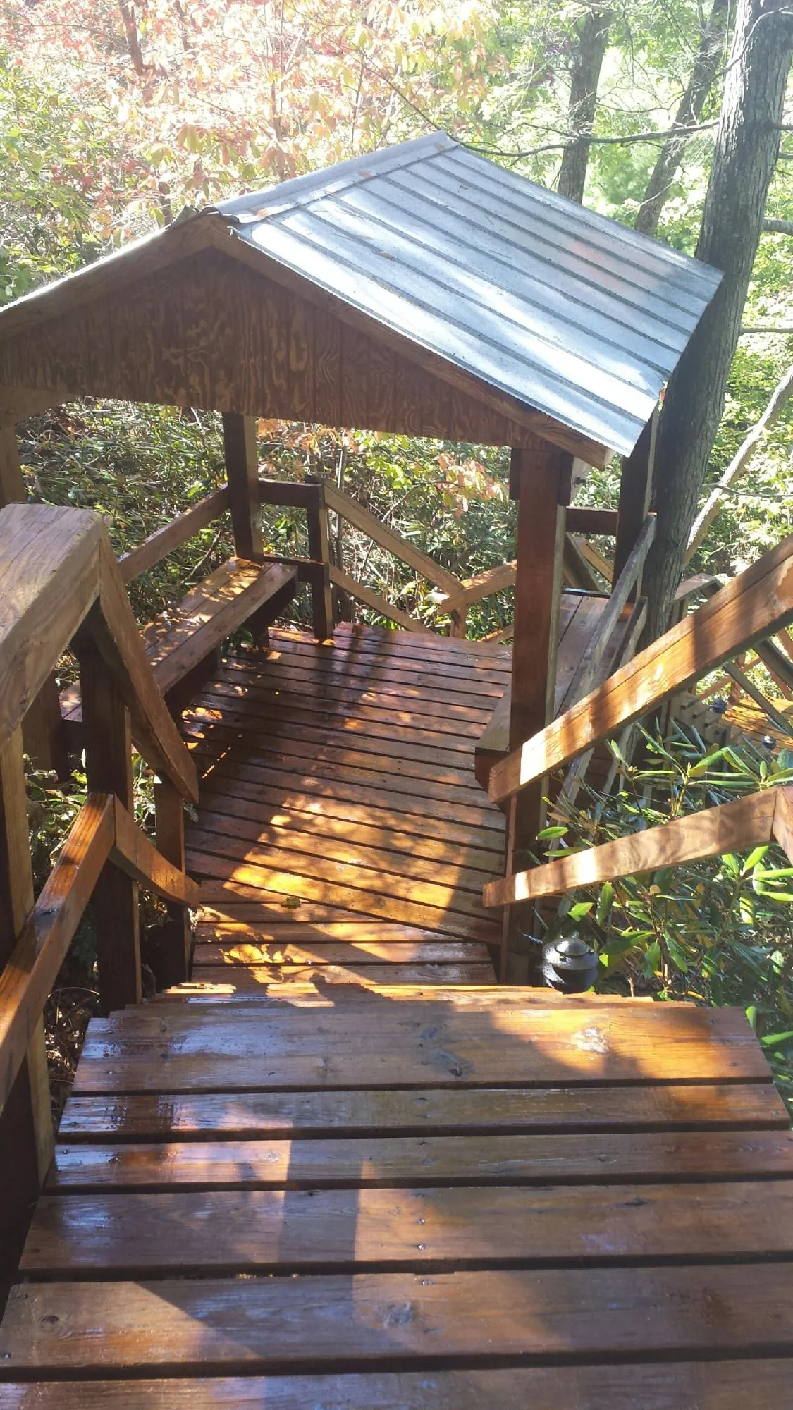 Freshly stained wood walkway and covered shelter with a metal roof in White Sulphur Springs